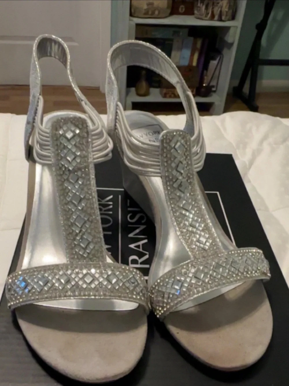 New York Transit Silver Crystal Slingback Wedge Sandals